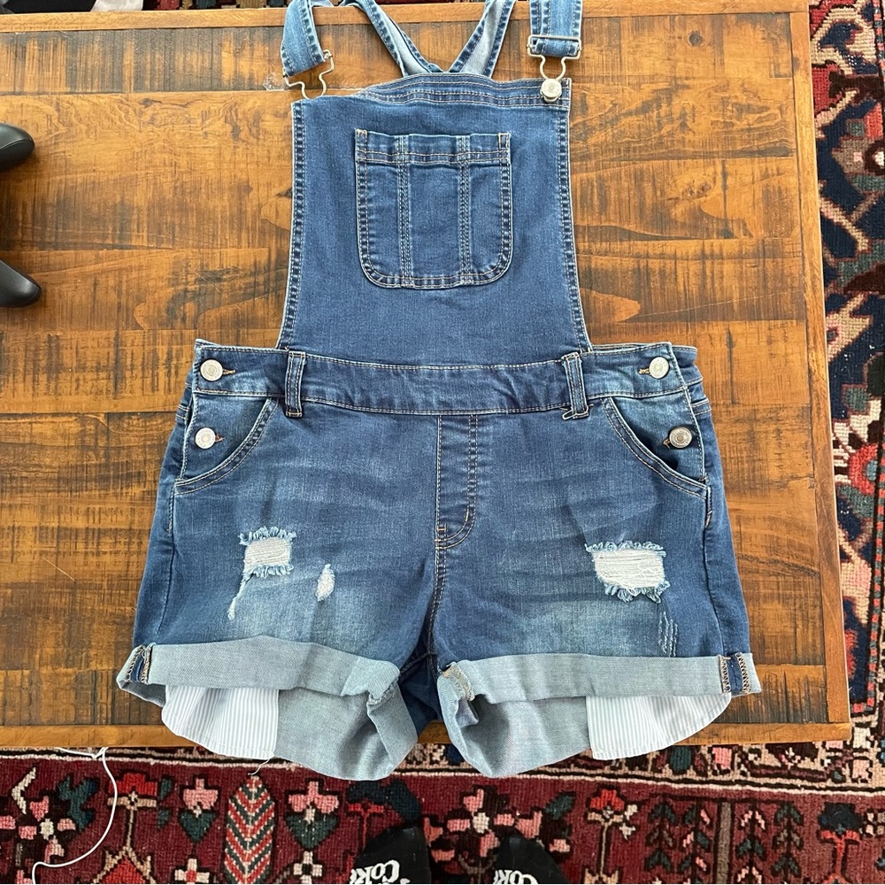 Denim Short Overalls - Distressed Rolled Hem